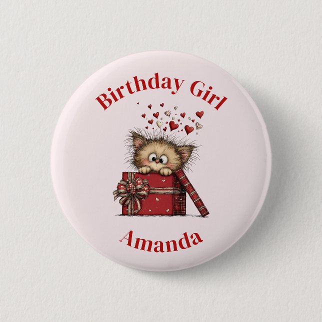 Birthday Girl Cute Cartoon Kitten with Hearts Button (Vorderseite)