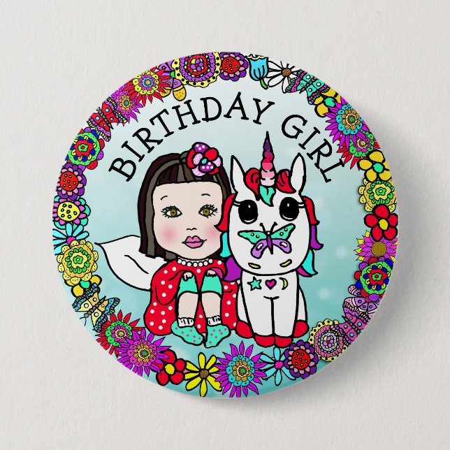 Birthday Girl Fairy and Unicorn Button (Vorderseite)
