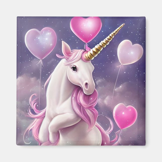 Birthday Girl Fantasy Unicoron mit rosa Balloons Magnet (Vorne)