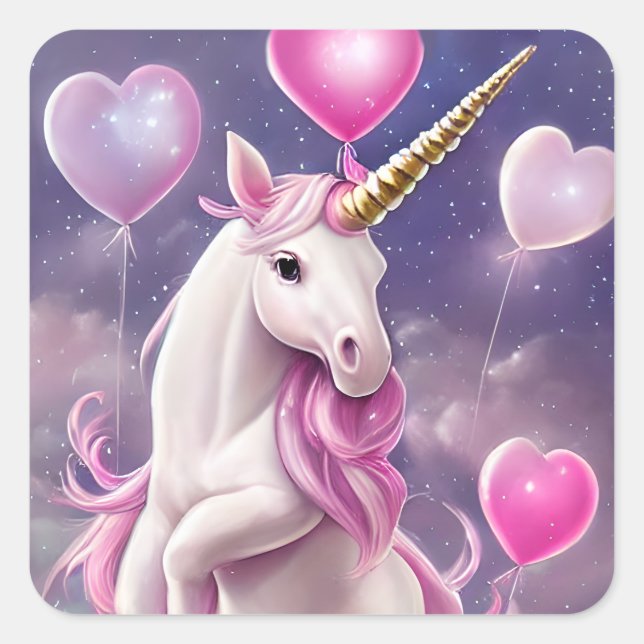 Birthday Girl Fantasy Unicoron mit rosa Balloons Quadratischer Aufkleber (Vorderseite)
