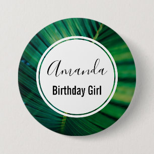 Birthday Girl Green Tropical Leaf Foto Button