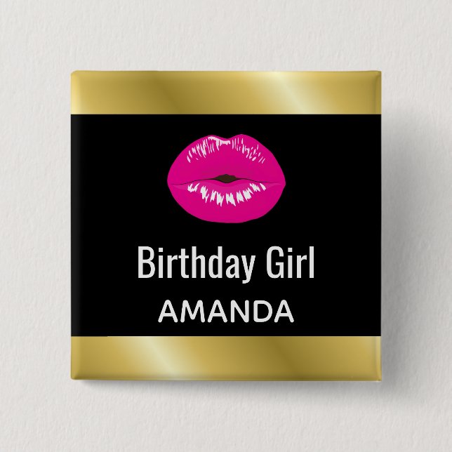 Birthday Girl Hot Pink Lips Glamour Button (Vorderseite)