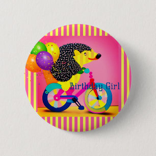 Birthday Girl Igel Reiten Bicycle Balloons Button