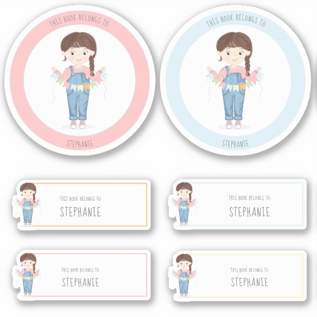 Birthday Girl in Overalls Brünett Aufkleber (Vorderseite)