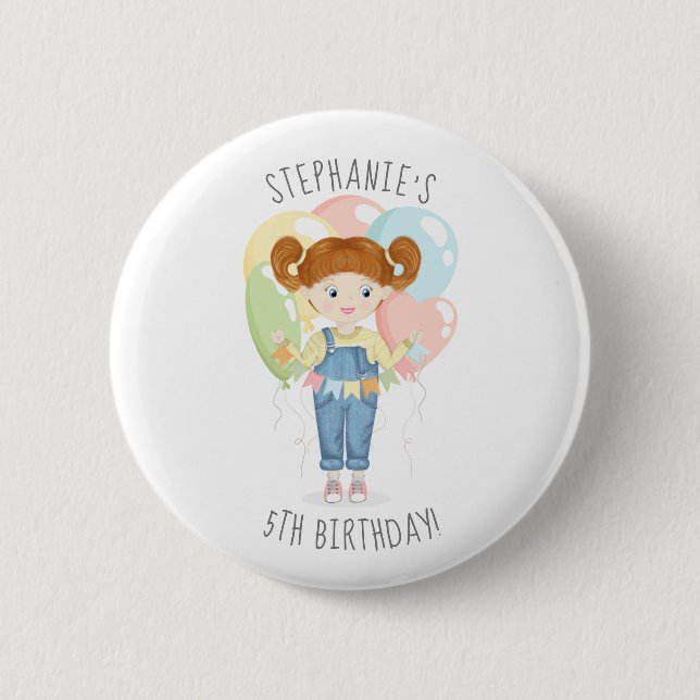 Birthday Girl in Overalls Redhead Button (Vorderseite)