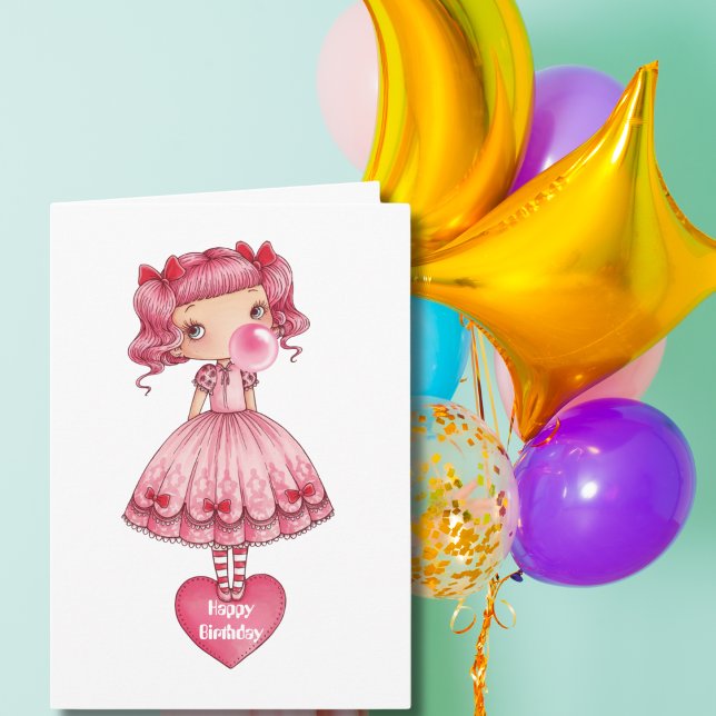 Birthday Girl in Pigtails Lolita Kleid Rosa Blase Karte (Von Creator hochgeladen)