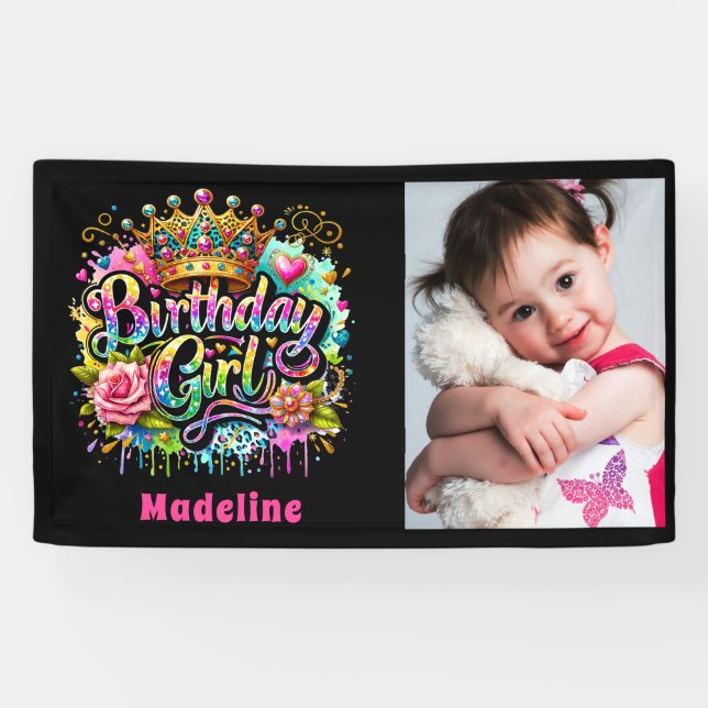 Birthday Girl Kids Pink Aquamarin Graffiti Foto Banner (Horizontal)
