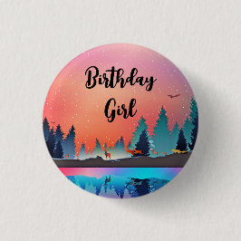 Birthday Girl Landschaftlicher Wintersee mit Hirsc Button