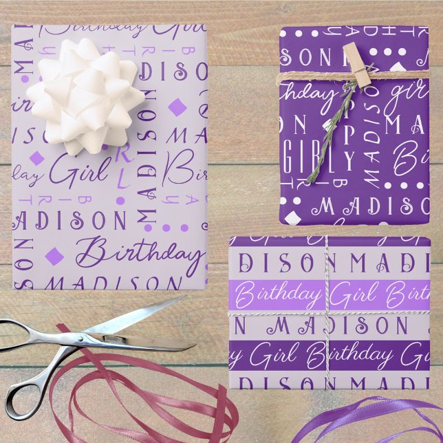 Birthday Girl Lila Niedlich einen Namen Personalis Geschenkpapier Set (Add a name - or three - to this cute purple Birthday Girl wrapping paper assortment fun for all ages)