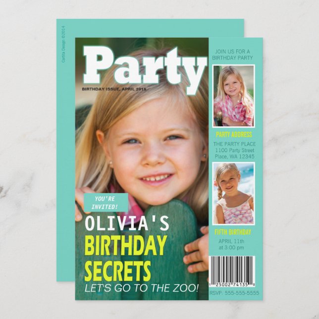 Birthday Girl Magazine Cover 3 Fotos Party Einladung (Vorne/Hinten)