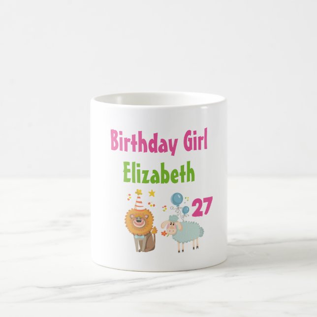Birthday Girl mit Party Lion und Balloon Sheep Kaffeetasse (Mittel)