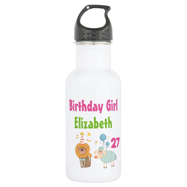 Birthday Girl mit Party Lion und Balloon Sheep Trinkflasche (Vorderseite)