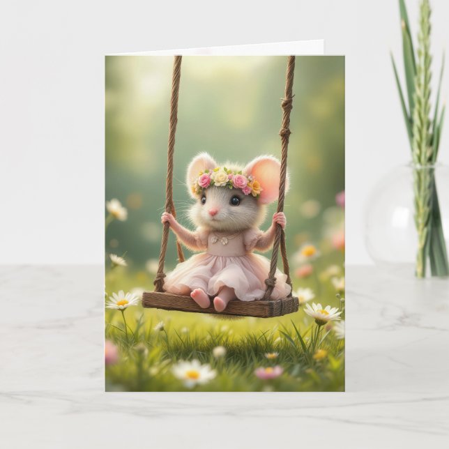 Birthday Girl Mouse on a Swing Karte (Vorderseite)