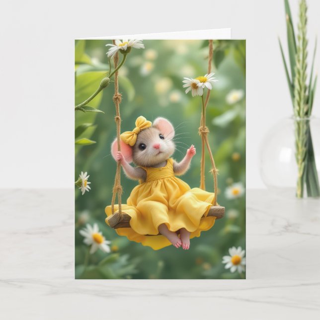 Birthday Girl Mouse on a Swing Karte (Vorderseite)