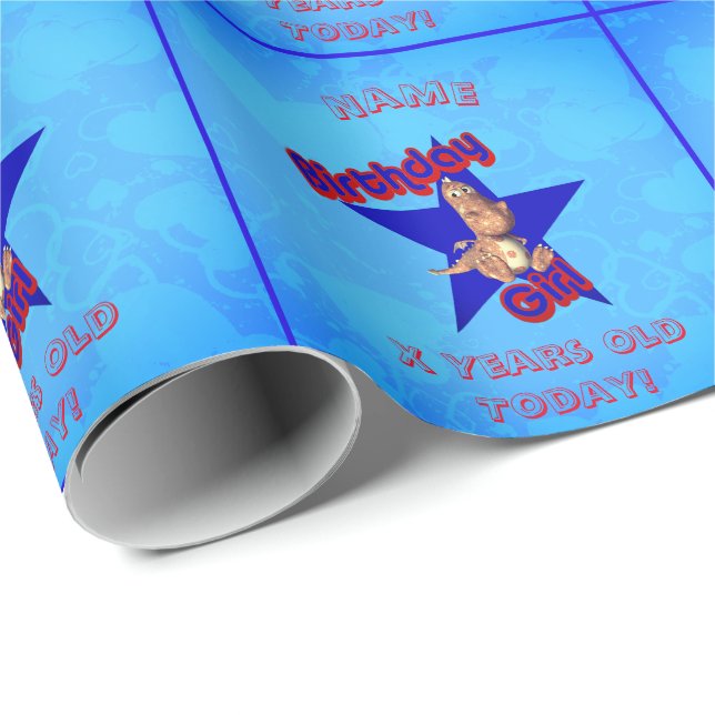 Birthday Girl Niedlich Dinosaurier Personalisiert  Geschenkpapier (Rolleneckpunkt)