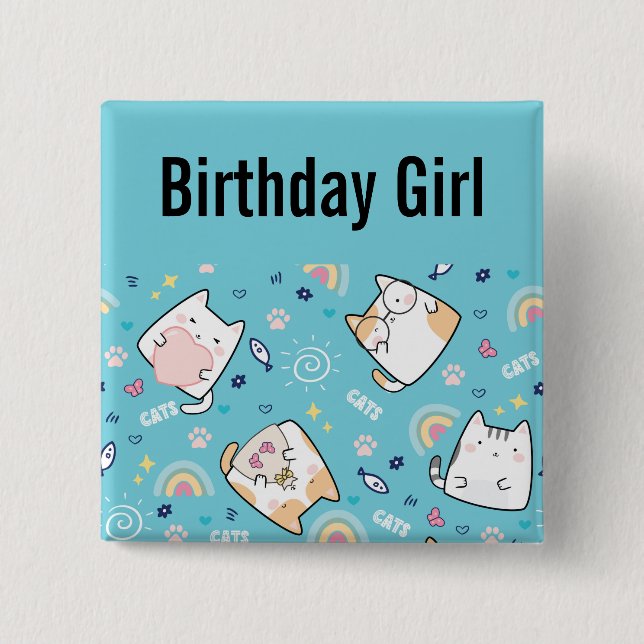 Birthday Girl Niedlich Kitty Cat Pattern Whimsical Button (Vorderseite)