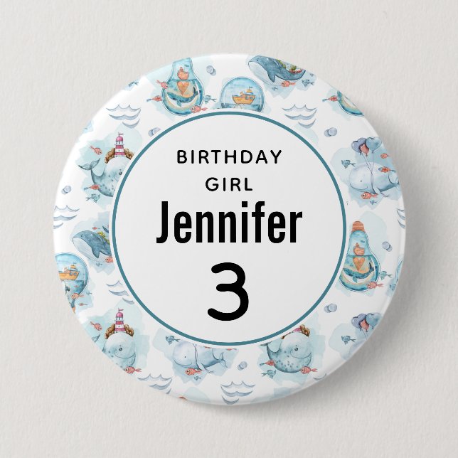 Birthday Girl Niedlich Nautical Whales Muster Button (Vorderseite)