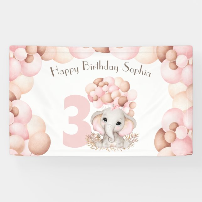 Birthday Girl Niedlich Pink Elephant Banner (Horizontal)
