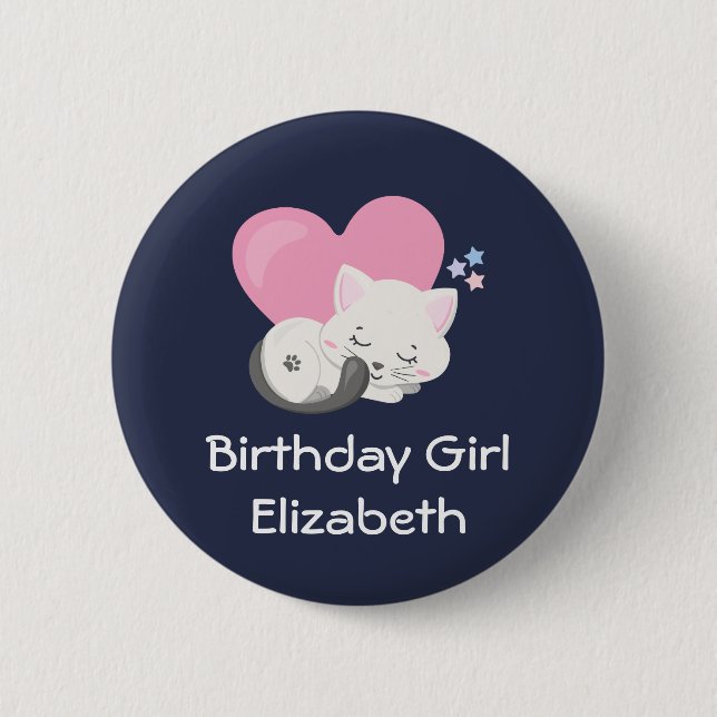 Birthday Girl Niedlich White Kitty Cat Schlafen Button (Vorderseite)