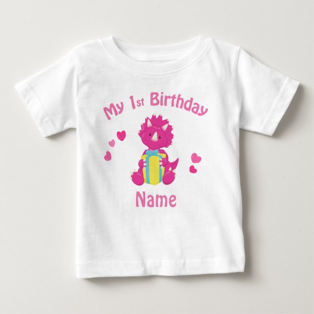Birthday Girl Pink Dinosaurier Personalisiertes Sh Baby T-shirt (Vorderseite)