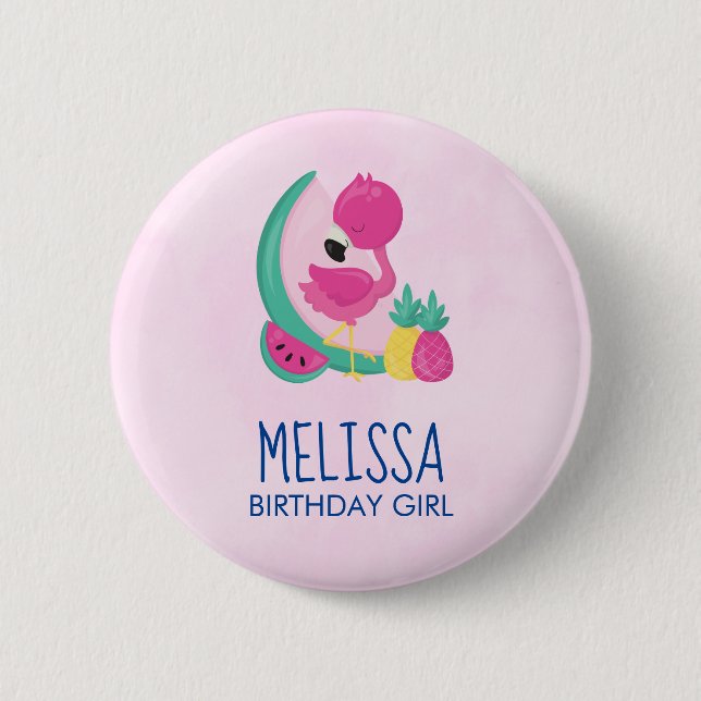 Birthday Girl Pink Flamingo Tropische Früchte Button (Vorderseite)