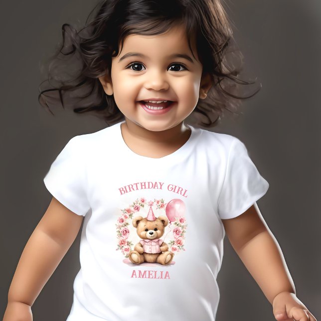 Birthday Girl Pink Niedlich Bär Name Kleinkind T-shirt (Birthday Girl Pink Cute Bear Floral Name Toddler T-shirt)
