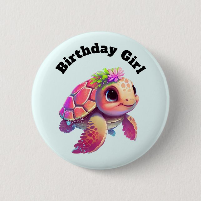 Birthday Girl - Pink Sea Turtle Whimsical & Niedli Button (Vorderseite)