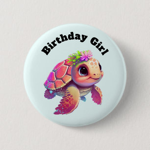Birthday Girl - Pink Sea Turtle Whimsical & Niedli Button