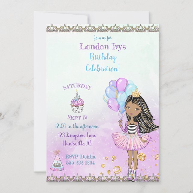 Birthday Girl Princess African American Lavender Einladung (Vorderseite)