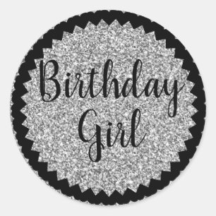Birthday Girl Silver Glitzer Classic Round Sticker
