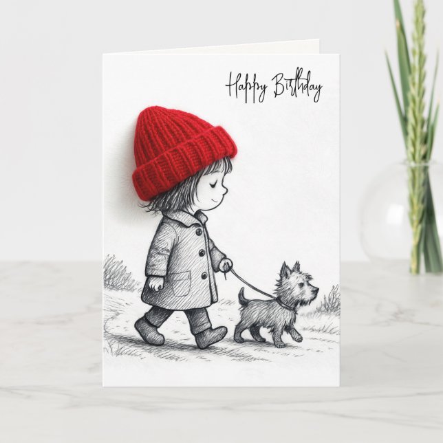 Birthday Girl Walking Her Dog Karte (Vorderseite)
