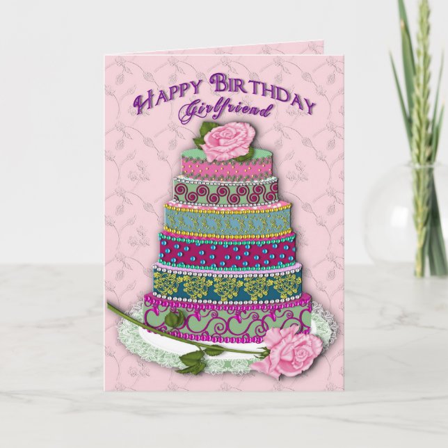 BIRTHDAY - GIRLFRIEND - MULTI TIER DECORATED CAKE KARTE (Vorderseite)