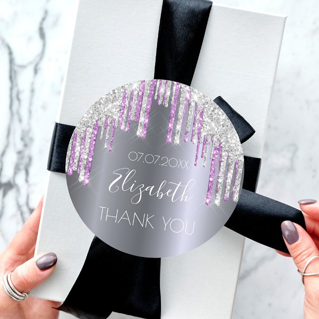 Birthday glitter silver purple sparkle Thank You Runder Aufkleber (Von Creator hochgeladen)