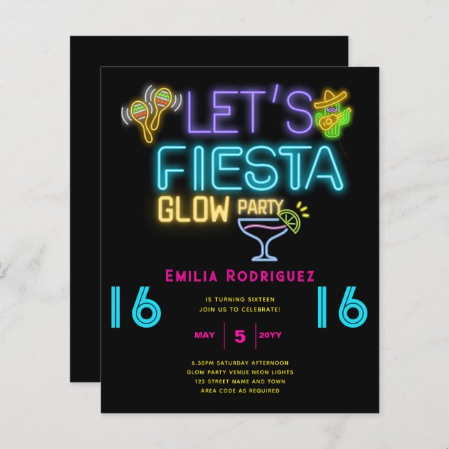 BIRTHDAY Glow Party Invitación Fiesta de Neón (Vorne/Hinten)
