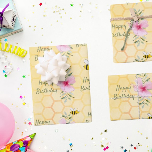 Birthday glückliche Hummeln Honigwabenflorale Geschenkpapier Set (Von Creator hochgeladen)