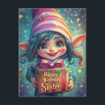 Birthday Gnome - Happy Birthday Sister Postkarte<br><div class="desc">Feiern Sie den besonderen Tag Ihrer Schwester mit dieser bezaubernden und skurrilen Geburtstagsknomik! Mit einem fröhlichen, mit Augen Gnome mit blauen Haaren, einem rosa gestreiften Hut und einem wunderschön umhüllten Geschenk mit dem Aufdruck "Happy Birthday Sister"... Glitzern mit schwebenden Konfetti, Bändern und einer traumhaften Fantasieatmosphäre, die es zur idealen Wahl...</div>