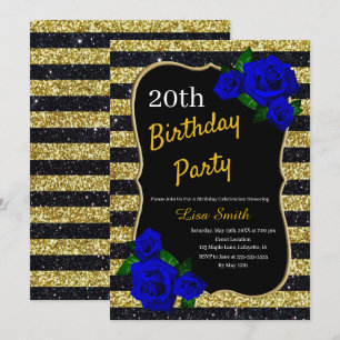 Birthday Gold Black Stripes Glitzer Deep Blue Rose Einladung