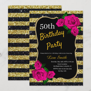 Birthday Gold Black Strips Glitzer Rosa Rosen Einladung