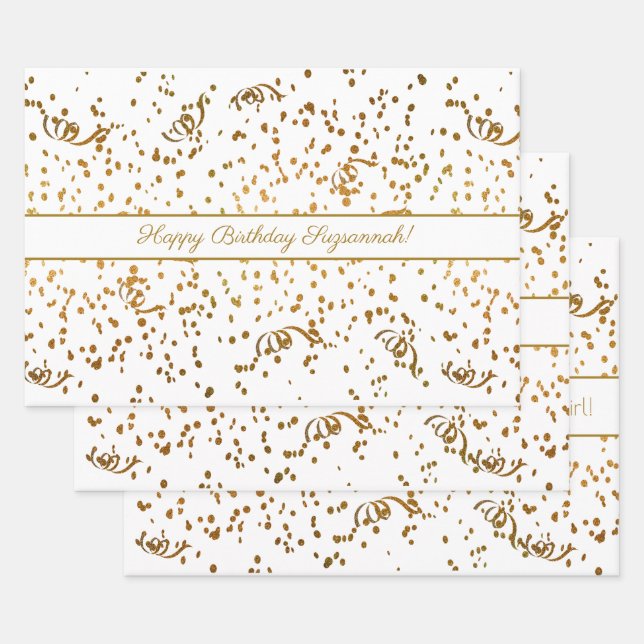 Birthday Gold Confetti Streamers Drei Vorlage Geschenkpapier Set (Set)