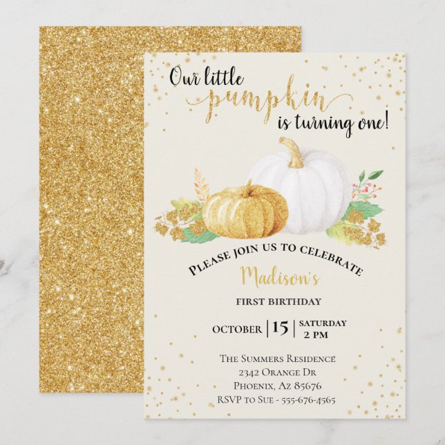 Birthday Gold Glitzer White Pumpkin Herbst Herbst Einladung (Vorne/Hinten)