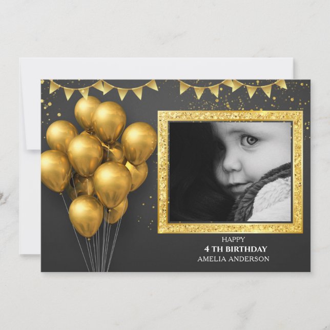  Birthday Gold Silver Black Balloons Einladung (Vorderseite)