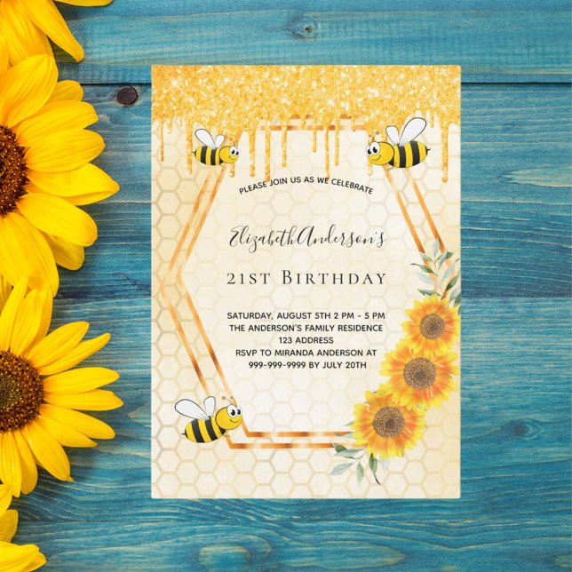 Birthday goldbumble Bienen Sonnenblumen Glitzer Einladung (Von Creator hochgeladen)