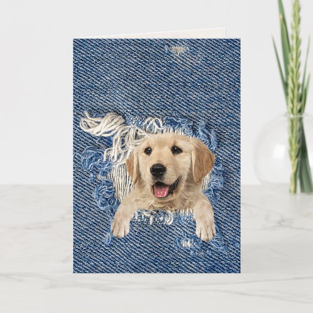 birthday golden retrieven in blue denim hole karte (Vorderseite)