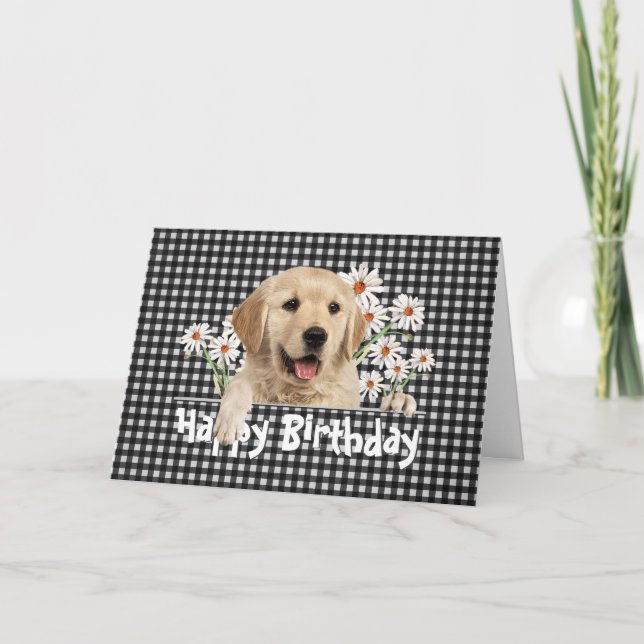 Birthday Golden Retriever auf Gingham Karte (Vorderseite)