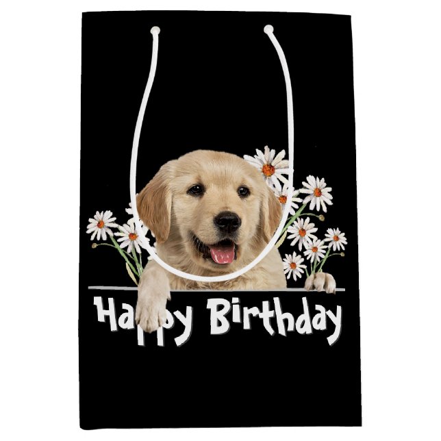 Birthday Golden Retriever auf schwarz Mittlere Geschenktüte (Vorderseite)