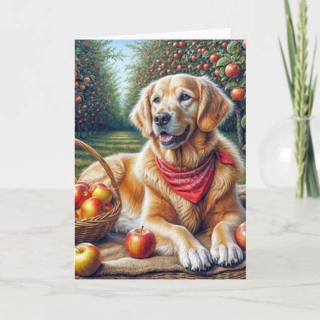 Birthday Golden Retriever in Apple Orchard Karte (Vorderseite)