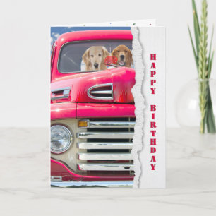 Birthday Golden Retriever in Red Truck Karte