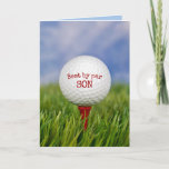 Birthday Golf Ball On T-Shirt on Son Karte<br><div class="desc">Für Son's Geburtstag nahen Golfball auf rotem Tee in grünem Gras. Text auf Ball kann bearbeitet werden.</div>
