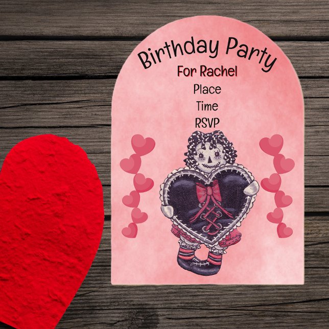 Birthday Gothic Rag Doll Black Heart Lace Pink Acryleinladungen (Gothic rag doll holding black heart with red bow rows red hearts on pink Birthday invitation.)