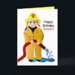 Birthday Grandson Firefighter with Water Hose Karte<br><div class="desc">Fun,  bright and so cute is this little Fire-fighter in full gear.  See other categories einschließlich Einladungen,  Mugs,  T-Shirts comning soon.</div>